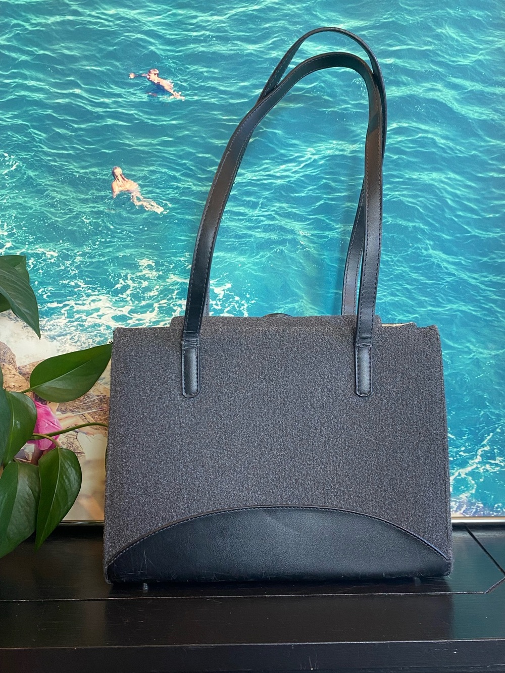 Kate Spade black tweed felt/wool with  leather shoulder tote - Picture 2 of 8